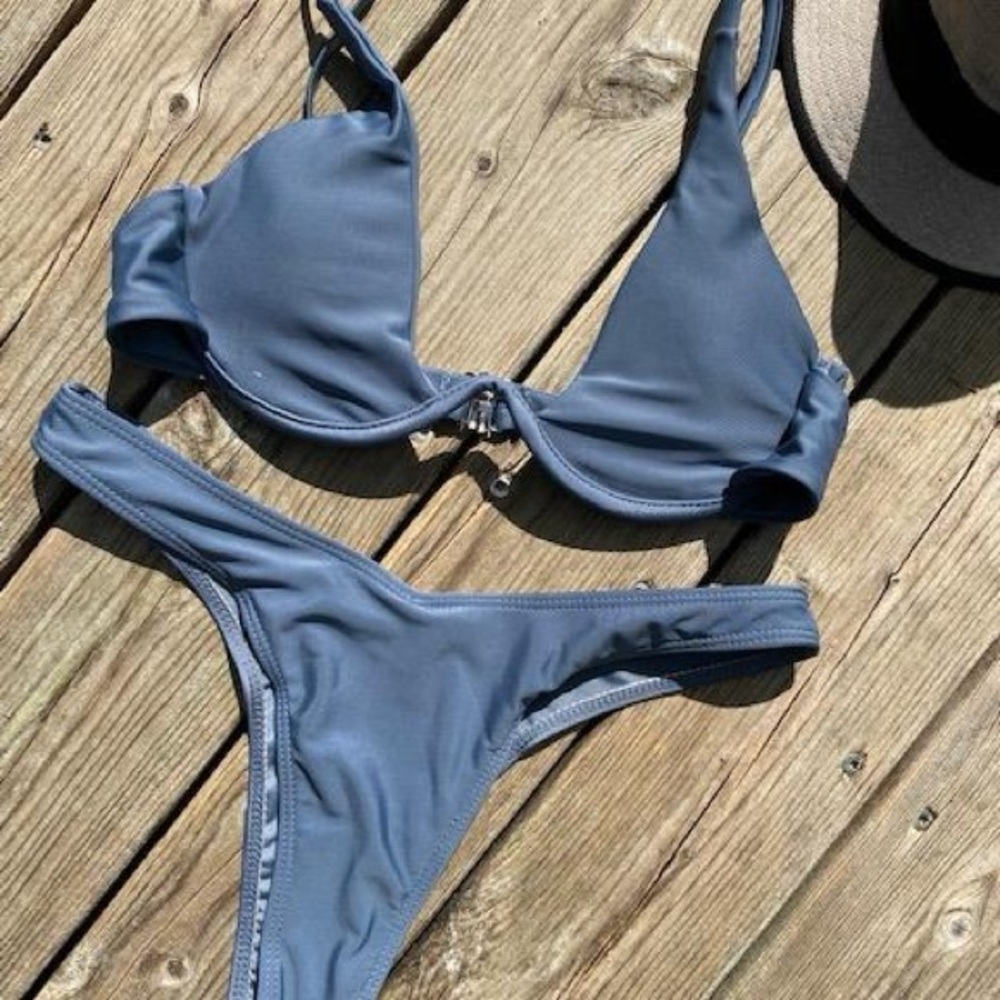 New Zaful Blue Gray Bikini Bathing Top Bottom Swimwear Set Small